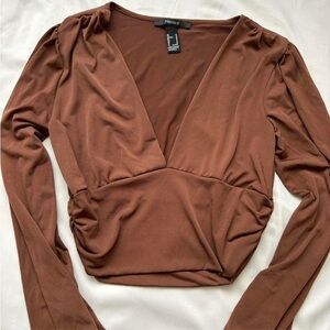 Brown Long Sleeve V-Neck Crop Top